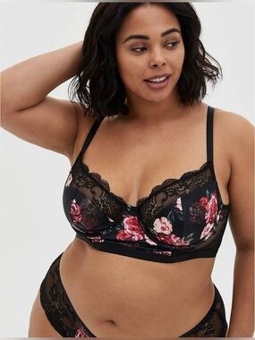 Torrid Curve Sz 2 (18/20) Black Pink Rose Floral Lace Longline Bra